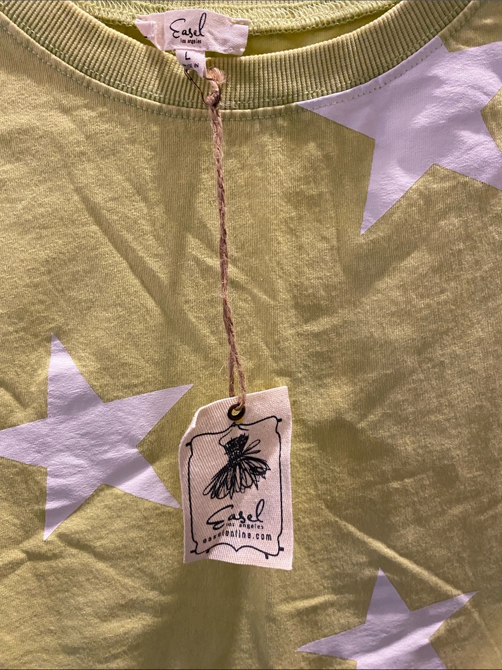 easel Lime Green Long Sleeve Tee with White Star Print